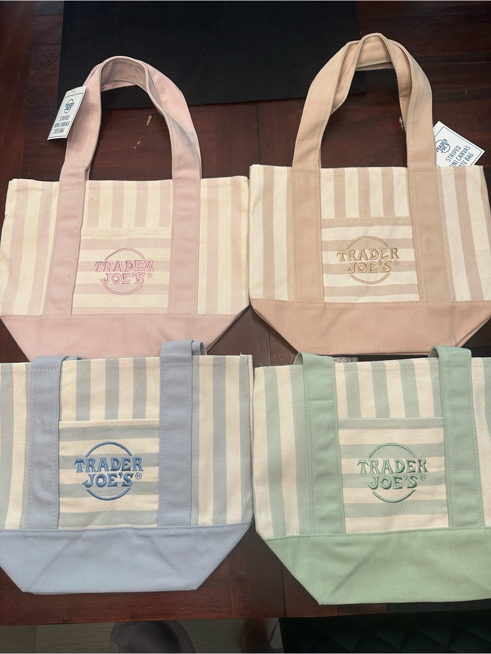 NWT Trade Joe’s Mini Striped Canvas Tote Bags Set of 4 - Pink, Tan, Blue, Green